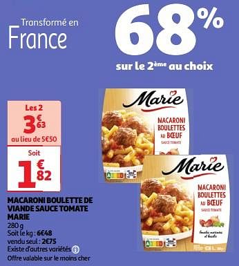 Promoties Macaroni boulette de viande sauce tomate marie - Marie - Geldig van 23/04/2024 tot 29/04/2024 bij Auchan
