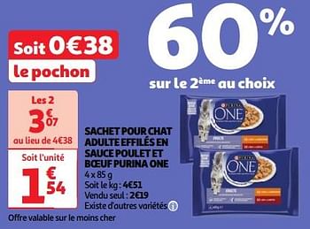 Promoties Sachet pour chat adulte effilés en sauce poulet et boeuf purina one - Purina - Geldig van 23/04/2024 tot 29/04/2024 bij Auchan