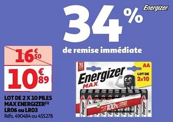 Promoties Lot de 2 x 10 piles max energizer lr06 ou lr03 - Energizer - Geldig van 23/04/2024 tot 29/04/2024 bij Auchan