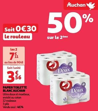 Promoties Papier toilette blanc auchan - Huismerk - Auchan - Geldig van 23/04/2024 tot 29/04/2024 bij Auchan