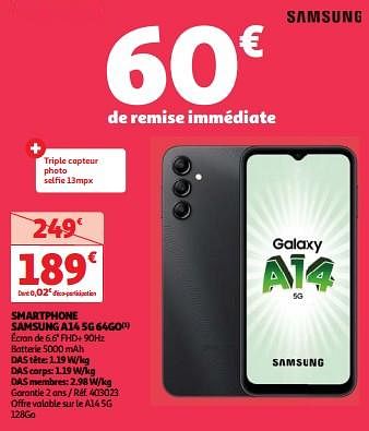 Promoties Smartphone samsung a14 5g 64go - Samsung - Geldig van 23/04/2024 tot 29/04/2024 bij Auchan
