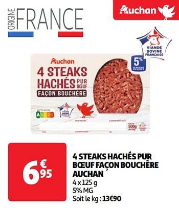 Promotions 4 steaks hachés pur boeuf façon bouchère auchan - Produit Maison - Auchan Ronq - Valide de 23/04/2024 à 29/04/2024 chez Auchan Ronq