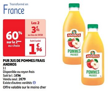 Promoties Pur jus de pommes frais andros - Andros - Geldig van 23/04/2024 tot 29/04/2024 bij Auchan