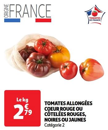 Promoties Tomates allongées coeur rouge ou côtelées rouges, noires ou jaunes - Huismerk - Auchan - Geldig van 23/04/2024 tot 29/04/2024 bij Auchan