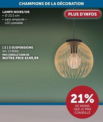 Promoties Lampe noire-or 3 suspensions - Huismerk - Zelfbouwmarkt - Geldig van 23/04/2024 tot 20/05/2024 bij Zelfbouwmarkt