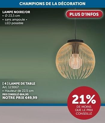 Promotions Lampe noire-or lampe de table - Produit maison - Zelfbouwmarkt - Valide de 23/04/2024 à 20/05/2024 chez Zelfbouwmarkt
