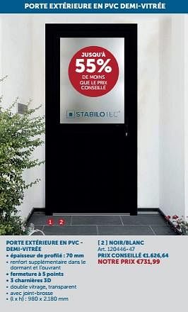 Promotions Porte extérieure en pvc demi-vitrée noir-blanc - Stabilotec - Valide de 23/04/2024 à 20/05/2024 chez Zelfbouwmarkt