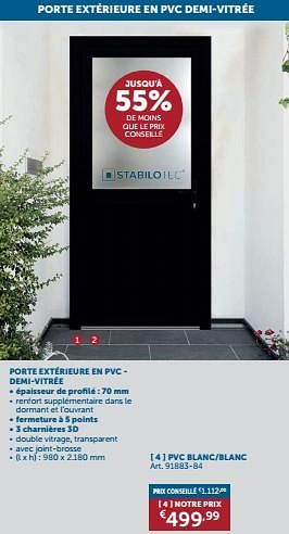 Promotions Porte extérieure en pvc demi-vitrée pvc blanc-blanc - Stabilotec - Valide de 23/04/2024 à 20/05/2024 chez Zelfbouwmarkt