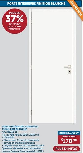 Promotions Porte intérieure complète tubulaire blanche - Produit maison - Zelfbouwmarkt - Valide de 23/04/2024 à 20/05/2024 chez Zelfbouwmarkt