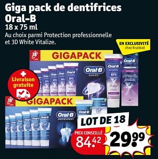 Promoties Giga pack de dentifrices oral-b - Oral-B - Geldig van 23/04/2024 tot 28/04/2024 bij Kruidvat