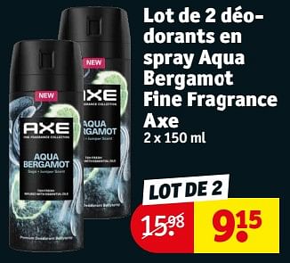 Promotions Lot de 2 déodorants en spray aqua bergamot fine fragrance axe - Axe - Valide de 23/04/2024 à 28/04/2024 chez Kruidvat