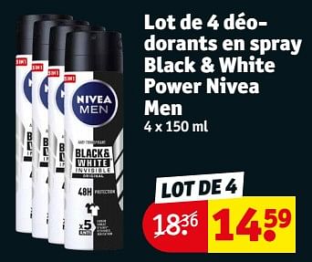 Promotions Lot de 4 déodorants en spray black + white power nivea men - Nivea - Valide de 23/04/2024 à 28/04/2024 chez Kruidvat