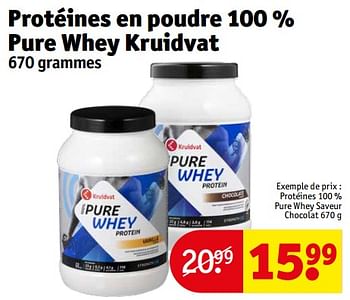 Promotions Protéines 100 % pure whey saveur chocolat - Produit maison - Kruidvat - Valide de 23/04/2024 à 28/04/2024 chez Kruidvat