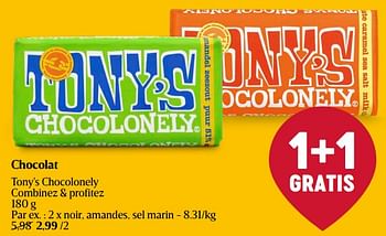 Promoties Chocolat tony`s chocolonely noir, amandes, sel marin - Tony's Chocolonely - Geldig van 25/04/2024 tot 01/05/2024 bij Delhaize