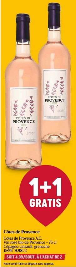 Promoties Côtes de provence côtes de provence a.c. vin rosé bio de provence - Rosé wijnen - Geldig van 25/04/2024 tot 01/05/2024 bij Delhaize