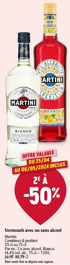 Promotions Vermouth avec alcool, bianco - Martini - Valide de 25/04/2024 à 01/05/2024 chez Delhaize
