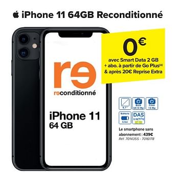 Promoties Apple iphone 11 64gb reconditionné - Apple - Geldig van 24/04/2024 tot 06/05/2024 bij Carrefour