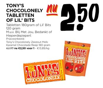 Promotions Tony’s chocolonely zeezout melk karamel chocolade reep - Tony's Chocolonely - Valide de 24/04/2024 à 30/04/2024 chez Jumbo