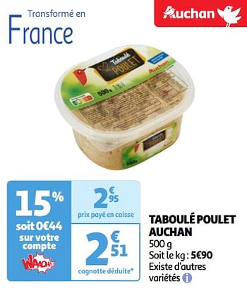 Promoties Taboulé poulet auchan - Huismerk - Auchan - Geldig van 23/04/2024 tot 29/04/2024 bij Auchan
