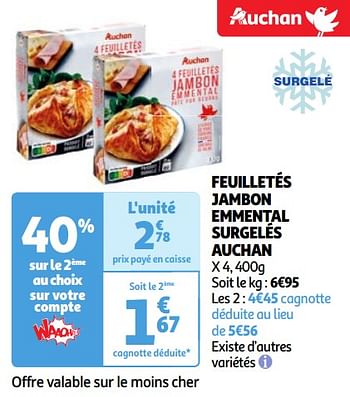 Promoties Feuilletés jambon emmental surgelés auchan - Huismerk - Auchan - Geldig van 23/04/2024 tot 29/04/2024 bij Auchan