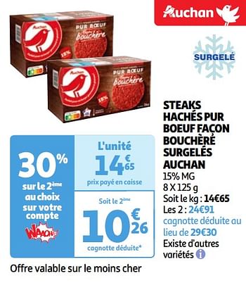 Promoties Steaks hachés pur boeuf façon bouchère surgelés auchan - Huismerk - Auchan - Geldig van 23/04/2024 tot 29/04/2024 bij Auchan