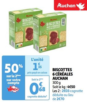 Promoties Biscottes 6 céréales auchan - Huismerk - Auchan - Geldig van 23/04/2024 tot 29/04/2024 bij Auchan