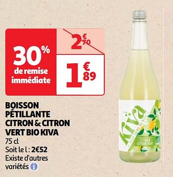 Promoties Boisson pétillante citron + citron vert bio kiva - Kiva - Geldig van 23/04/2024 tot 29/04/2024 bij Auchan