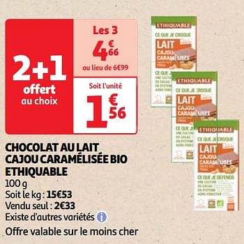 Promotions Chocolat au lait cajou caramélisée bio ethiquable - Ethiquable - Valide de 23/04/2024 à 29/04/2024 chez Auchan Ronq