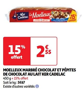 Promoties Moelleux marbré chocolat et pépites de chocolat au lait ker cadelac - Ker Cadelac - Geldig van 23/04/2024 tot 29/04/2024 bij Auchan