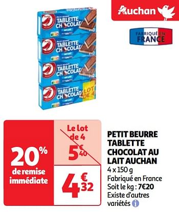 Promoties Petit beurre tablette chocolat au lait auchan - Huismerk - Auchan - Geldig van 23/04/2024 tot 29/04/2024 bij Auchan
