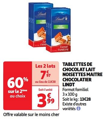 Promoties Tablettes de chocolat lait noisettes maitre chocolatier lindt - Lindt - Geldig van 23/04/2024 tot 29/04/2024 bij Auchan