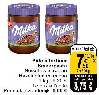 Promotions Pâte à tartiner smeerpasta - Milka - Valide de 23/04/2024 à 29/04/2024 chez Cora