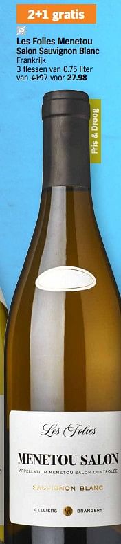Promotions Les folies menetou salon sauvignon blanc - Vins blancs - Valide de 22/04/2024 à 28/04/2024 chez Albert Heijn