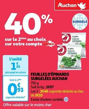 Promotions Feuilles d`épinards surgelées auchan - Produit Maison - Auchan Ronq - Valide de 23/04/2024 à 28/04/2024 chez Auchan Ronq