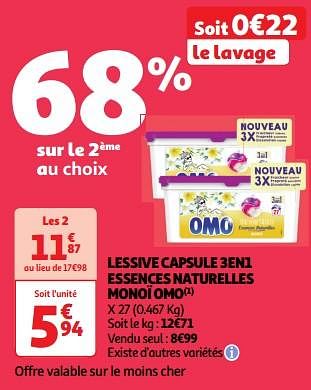 Promotions Lessive capsule 3en1 essences naturelles monoï omo - Omo - Valide de 23/04/2024 à 28/04/2024 chez Auchan Ronq