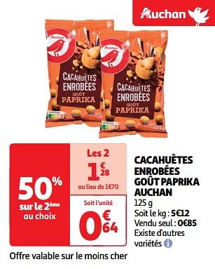 Promotions Cacahuètes enrobées goût paprika auchan - Produit Maison - Auchan Ronq - Valide de 23/04/2024 à 28/04/2024 chez Auchan Ronq