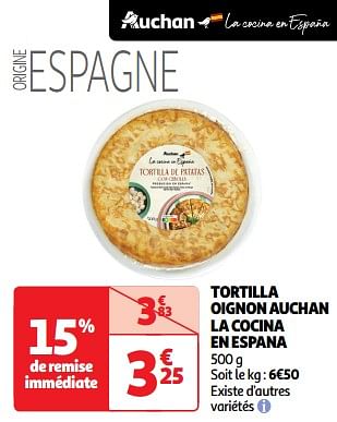 Promotions Tortilla oignon auchan la cocina en espana - Produit Maison - Auchan Ronq - Valide de 23/04/2024 à 28/04/2024 chez Auchan Ronq