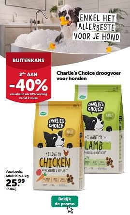 Promotions Charlie’s choice droogvoer voor honden adult kip - Charlie’s choice - Valide de 24/04/2024 à 05/05/2024 chez Aveve