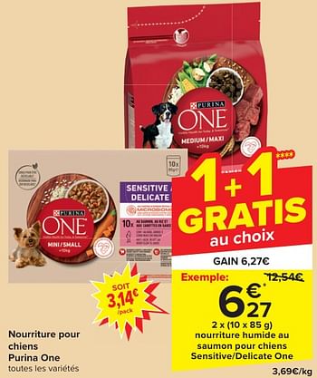 Promoties Nourriture humide au saumon pour chiens sensitive-delicate one - Purina - Geldig van 24/04/2024 tot 06/05/2024 bij Carrefour