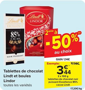 Promoties Tablettes de chocolat noir puissant excellence 85% cacao lindt - Lindt - Geldig van 24/04/2024 tot 06/05/2024 bij Carrefour