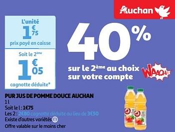 Promotions Pur jus de pomme douce auchan - Produit Maison - Auchan Ronq - Valide de 23/04/2024 à 29/04/2024 chez Auchan Ronq