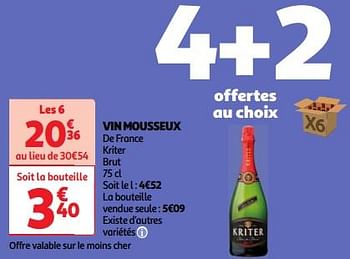 Promotions Vin mousseux de france kriter brut - Mousseux - Valide de 23/04/2024 à 29/04/2024 chez Auchan Ronq