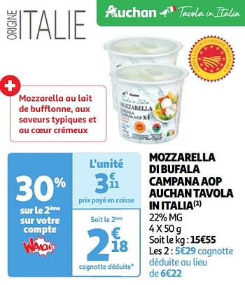Promotions Mozzarella di bufala campana aop auchan tavola in italia - Produit Maison - Auchan Ronq - Valide de 23/04/2024 à 29/04/2024 chez Auchan Ronq