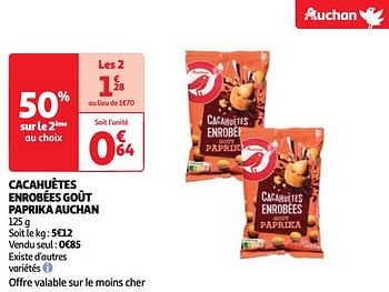 Promotions Cacahuètes enrobées goût paprika auchan - Produit Maison - Auchan Ronq - Valide de 23/04/2024 à 29/04/2024 chez Auchan Ronq