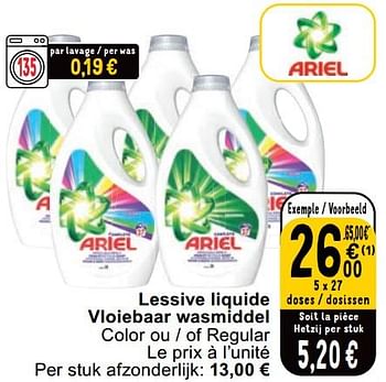 Promoties Lessive liquide vloiebaar wasmiddel - Ariel - Geldig van 23/04/2024 tot 29/04/2024 bij Cora
