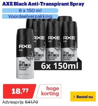 Promoties Axe black anti transpirant spray - Axe - Geldig van 22/04/2024 tot 28/04/2024 bij Bol.com