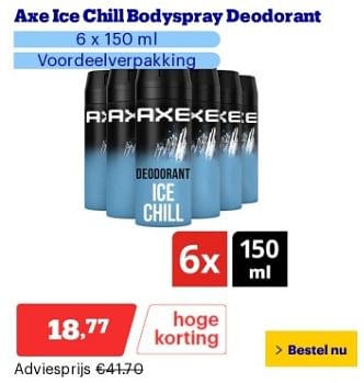 Promotions Axe ice chill bodyspray deodorant - Axe - Valide de 22/04/2024 à 28/04/2024 chez Bol.com