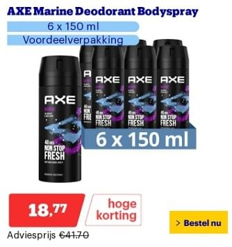Promotions Axe marine deodorant bodyspray - Axe - Valide de 22/04/2024 à 28/04/2024 chez Bol.com