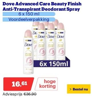 Promoties Dove advanced care beauty finish anti transpirant deodorant spray - Dove - Geldig van 22/04/2024 tot 28/04/2024 bij Bol.com