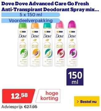 Promotions Dove advanced care go fresh anti transpirant deodorant spray mix. - Dove - Valide de 22/04/2024 à 28/04/2024 chez Bol.com